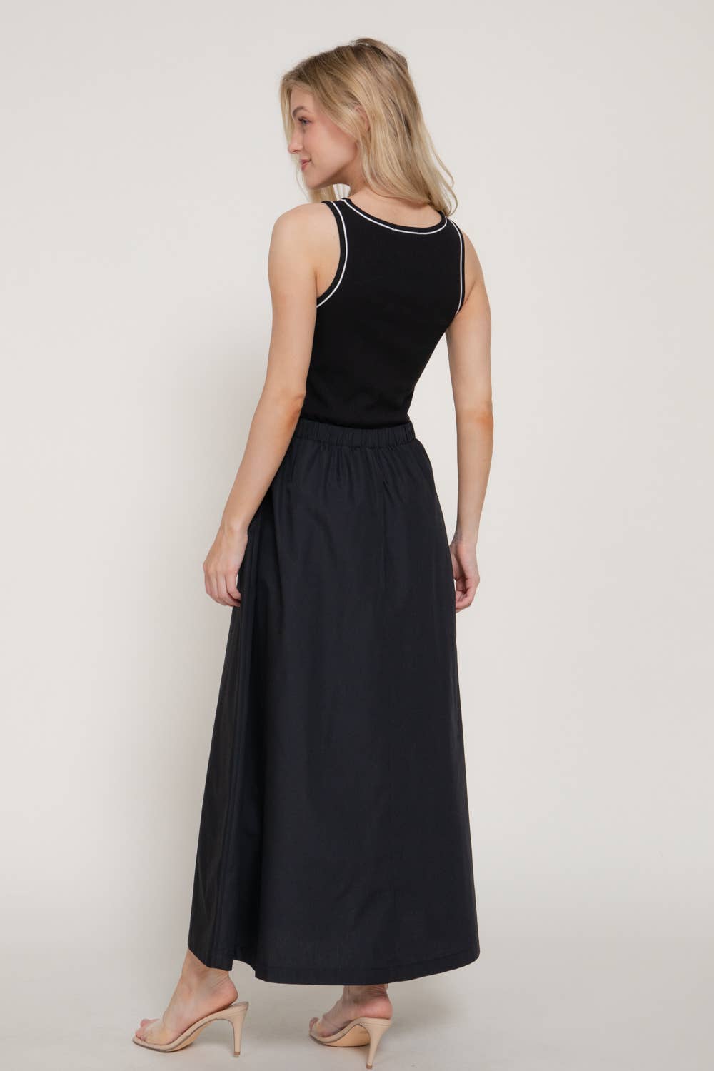 Sleeveless Piping Knit Top Contrast Woven Long Dress