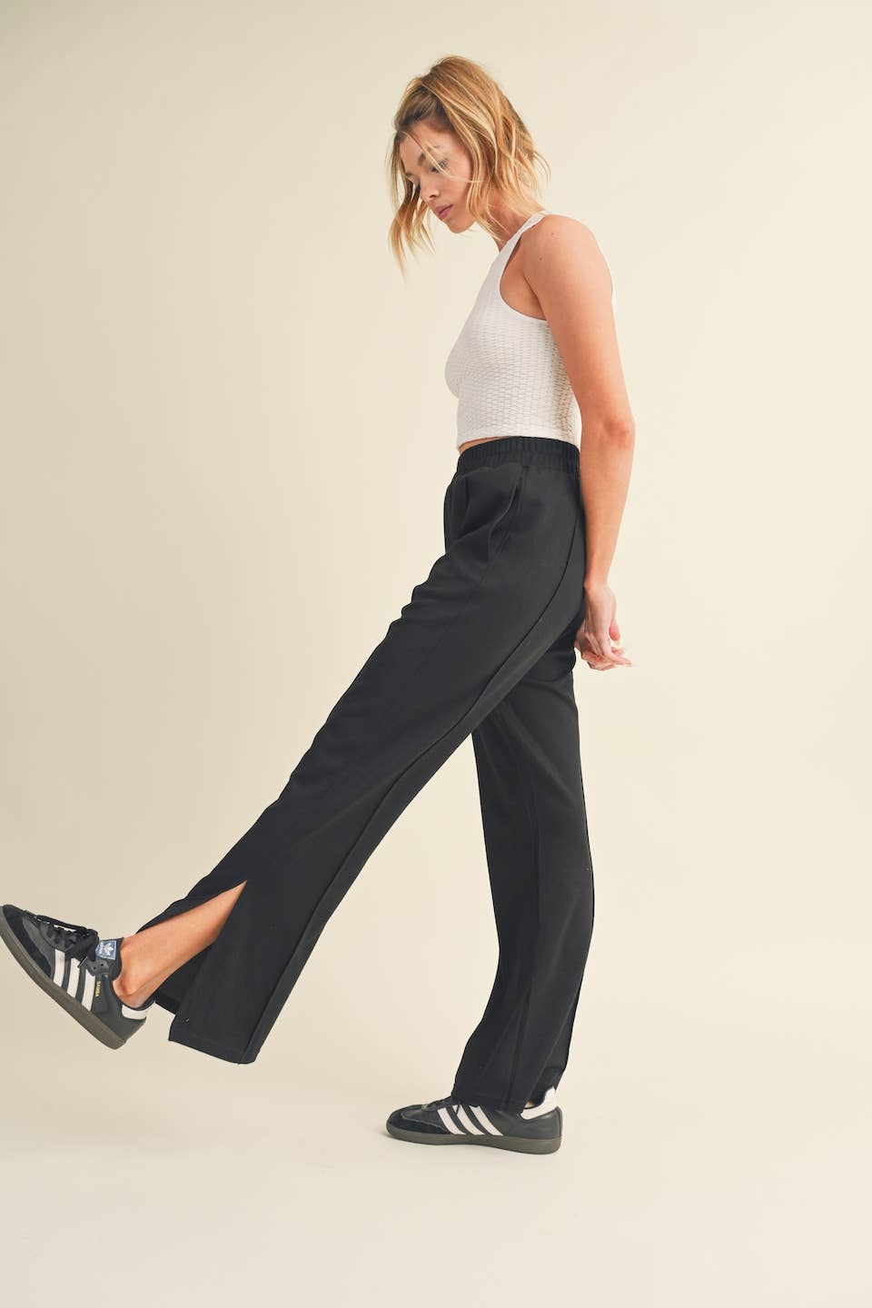 Wide Leg Scuba Pants with Side Slit
