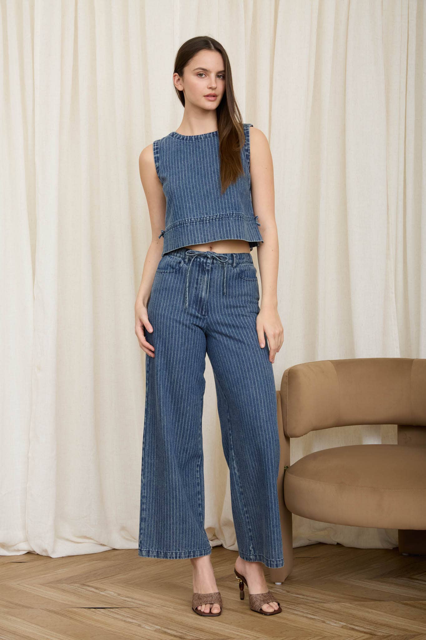 Stripe Washed Denim Sleeveless Side Tie Crop Top