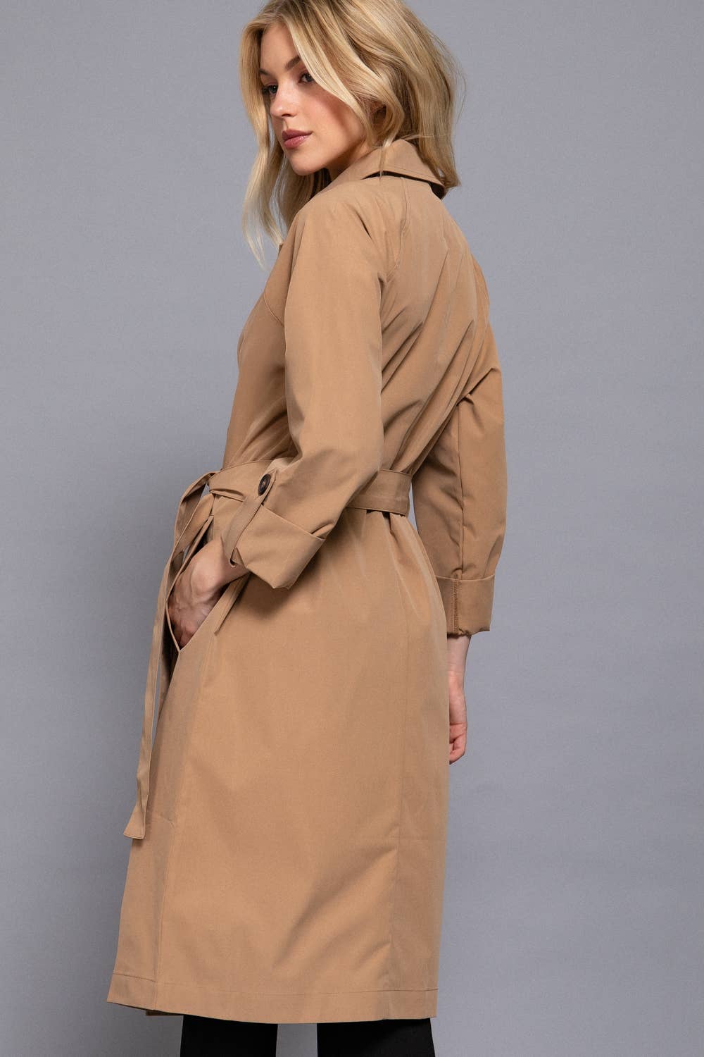 Long Sleeve V-Neck Lapel Collar Trench Coat with Belt