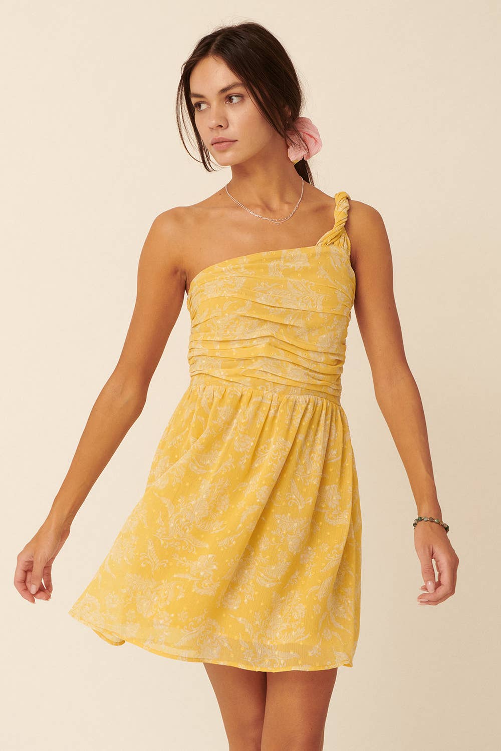 Floral Swiss Dot Chiffon One Shoulder Mini Dress