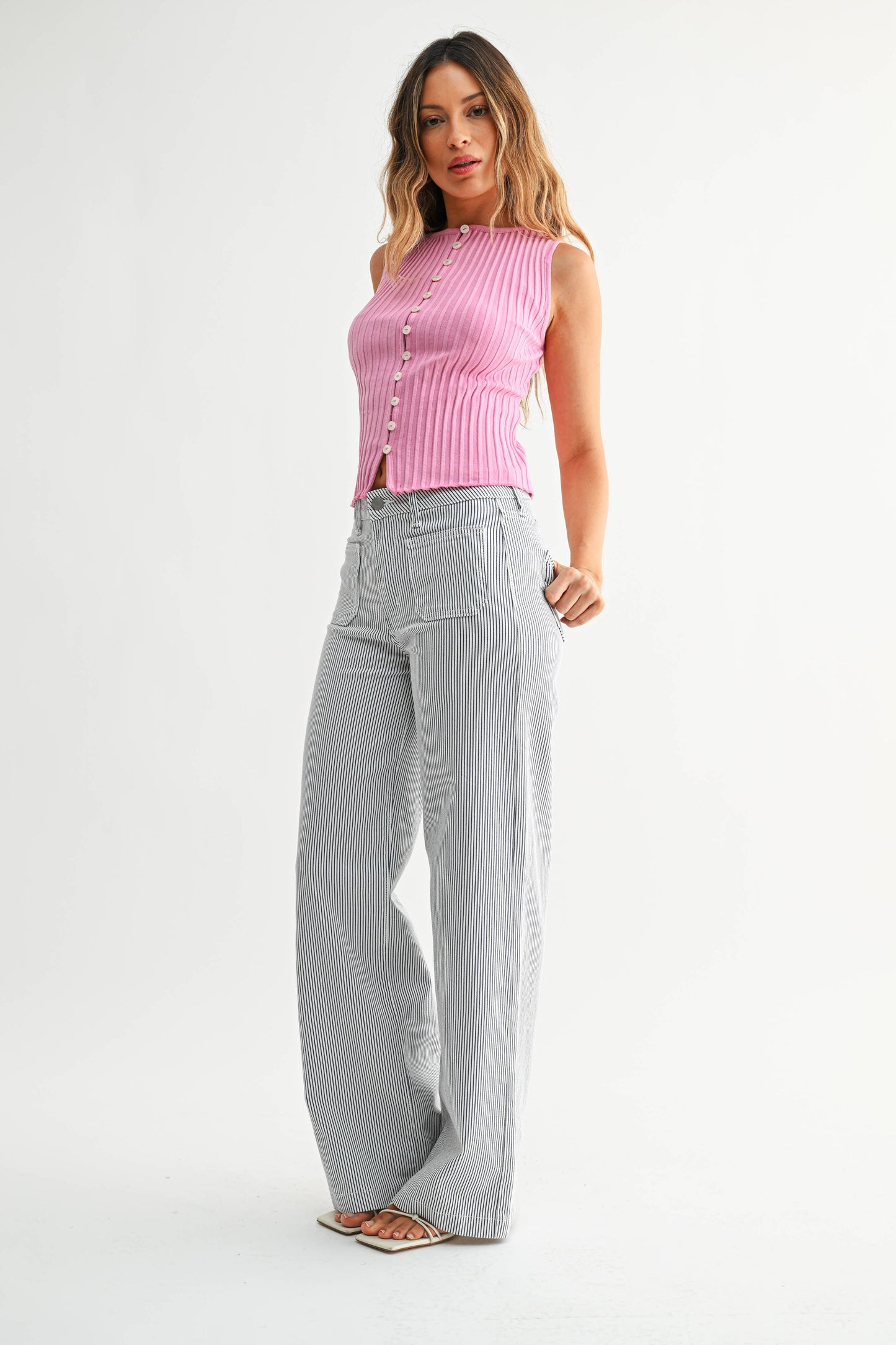 Striped Mini Patch Pocket Wide Leg Pant
