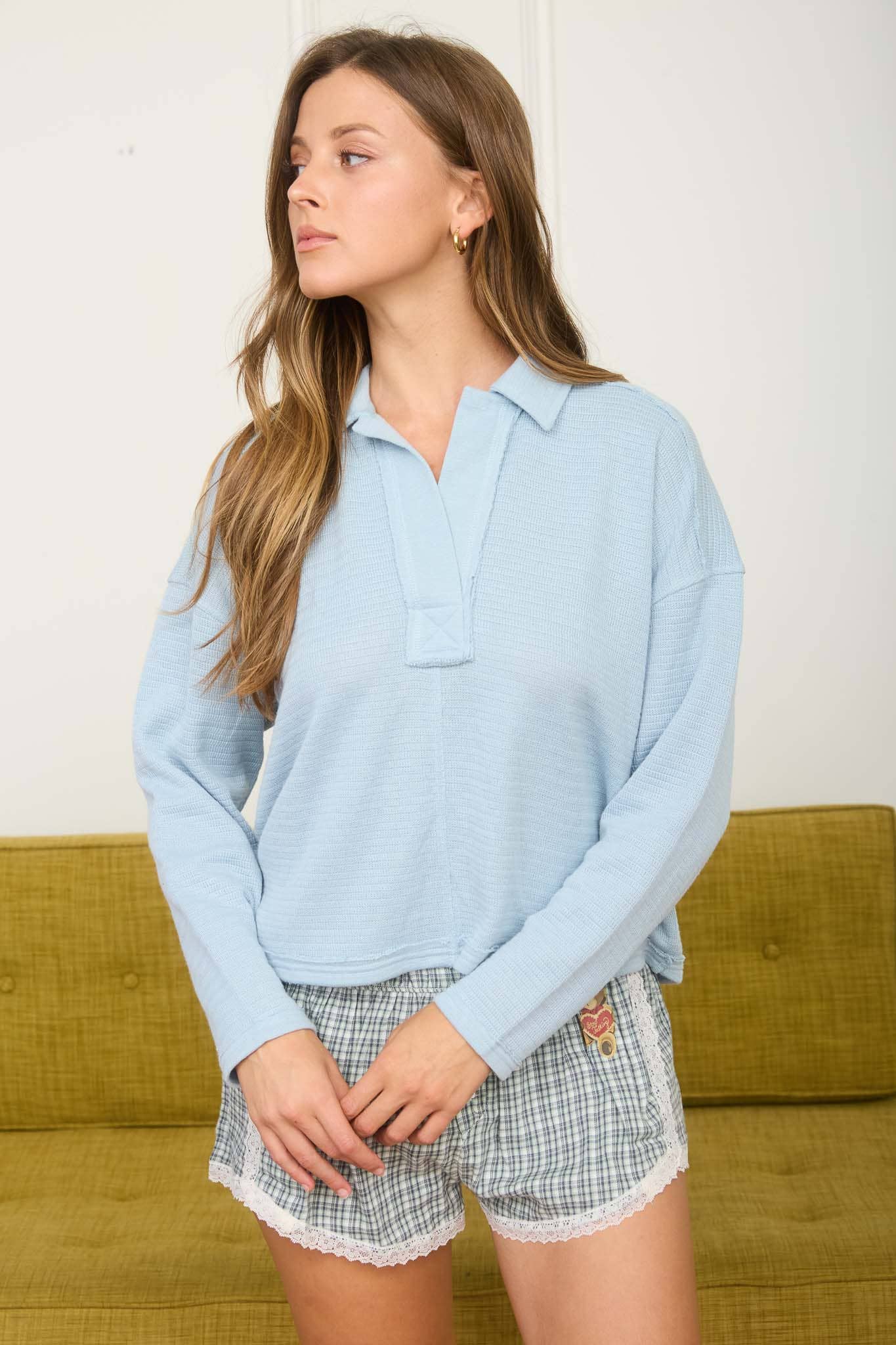 Exposed Seam Long Sleeve Textured Knit Polo