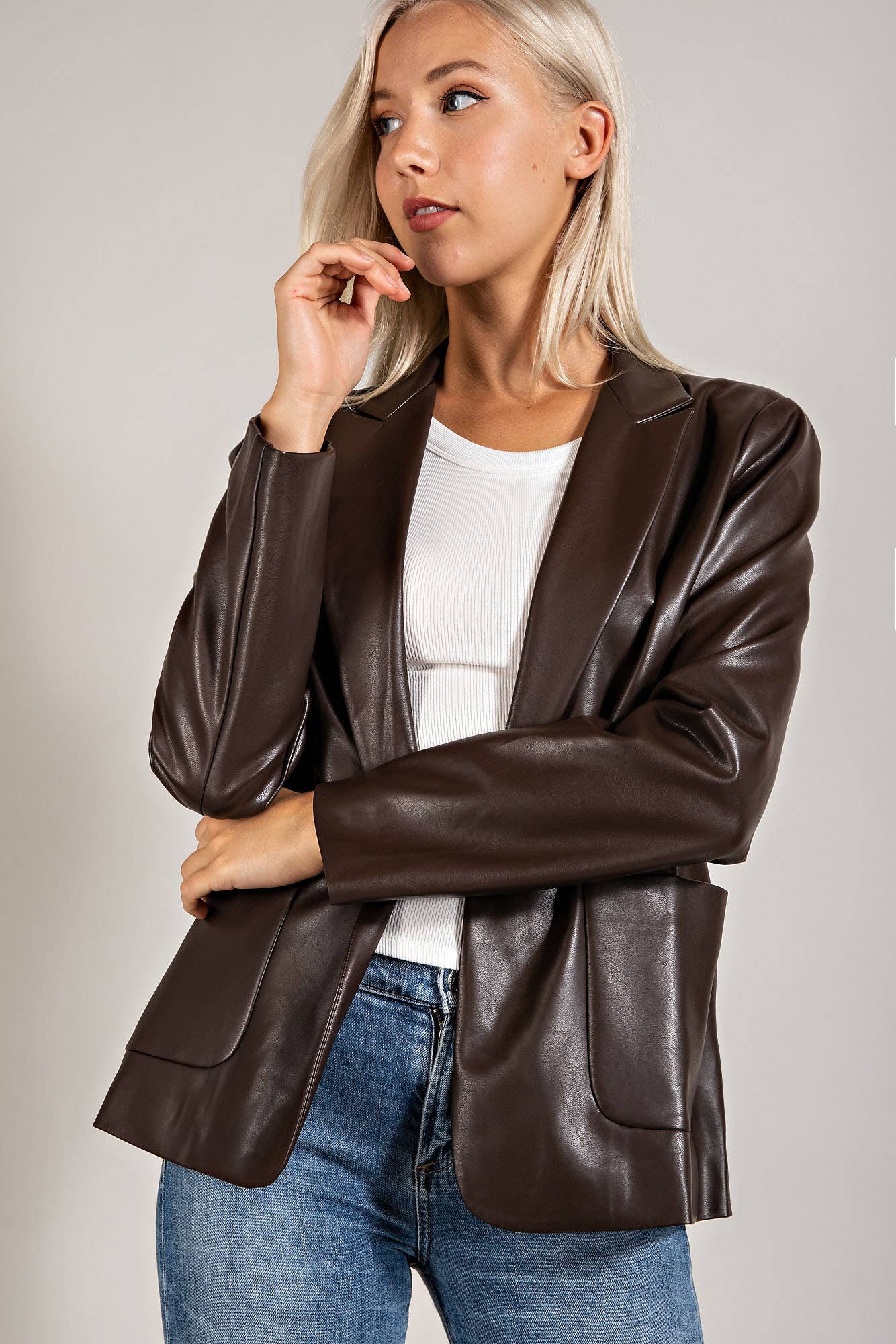 Faux Leather Blazer W/ Padded Shoulder