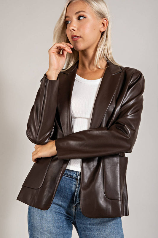 Faux Leather Blazer W/ Padded Shoulder