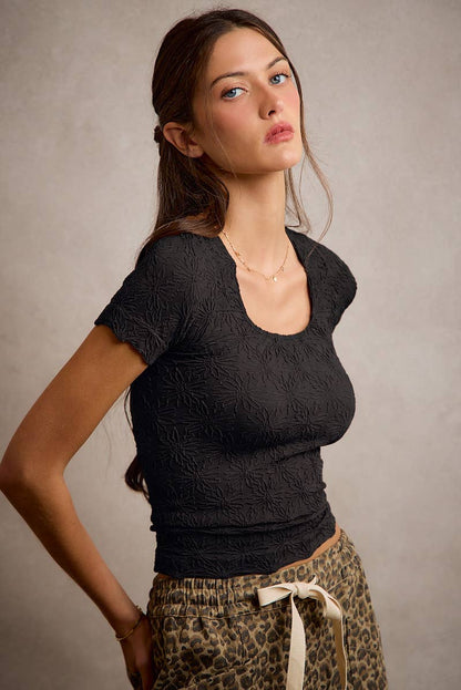Floral Patterned Texture Seamless Short Sleeve Top