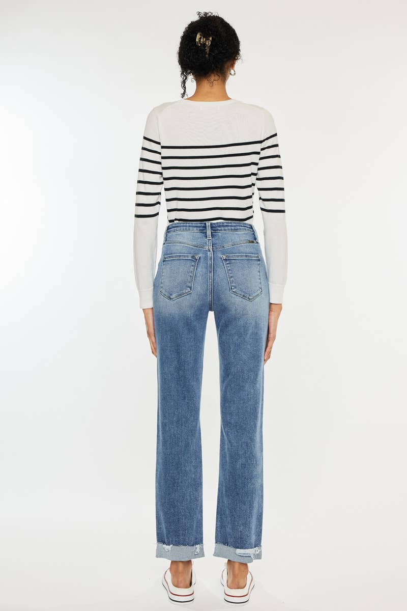 High Rise Slim Straight Cuff Jeans