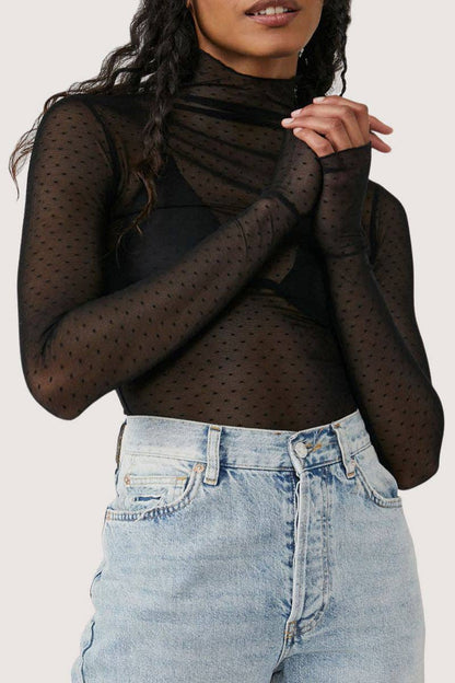 Sheer Turtleneck Long Sleeve Blouse