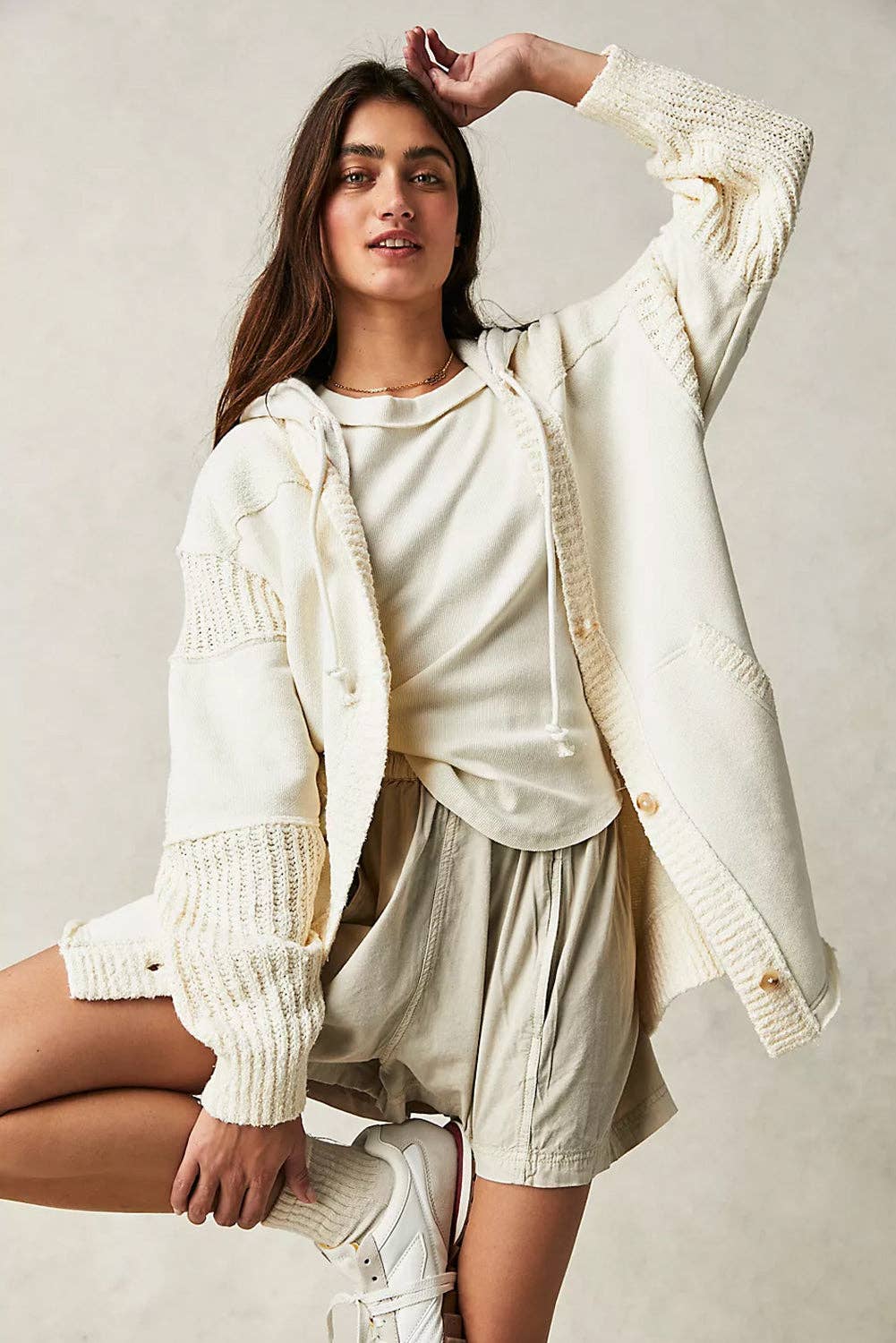 Contrast Knit Patchwork Hooded Cardigan