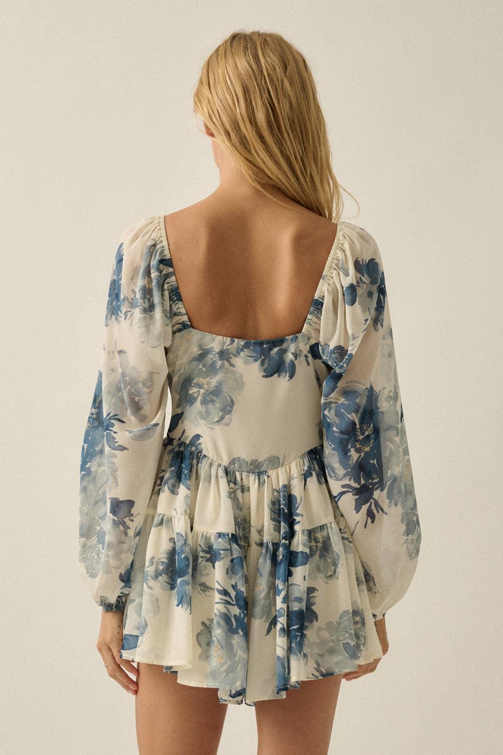 Floral Chiffon Bubble-Sleeve Tiered Ruffle Romper