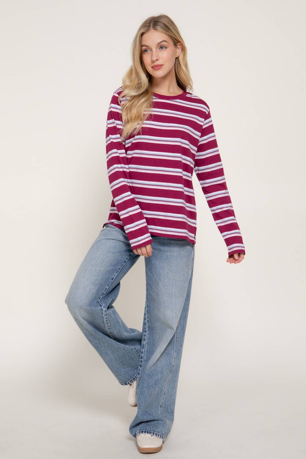 Long Sleeve Multi Striped Knit Jersey Top