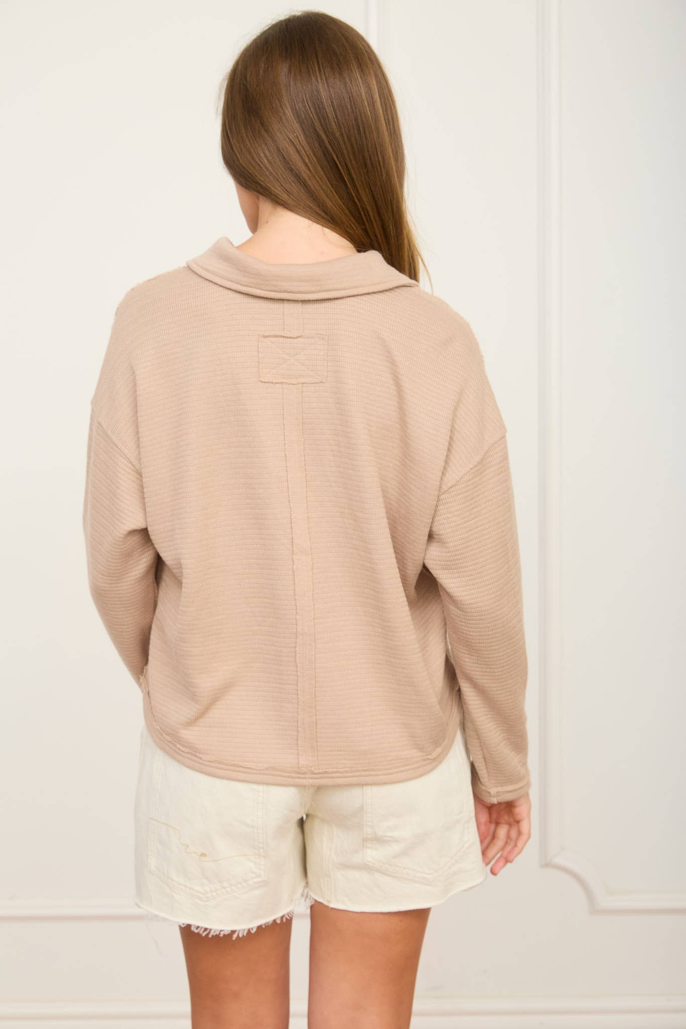 Exposed Seam Long Sleeve Textured Knit Polo
