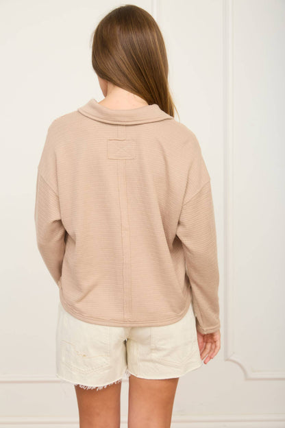Exposed Seam Long Sleeve Textured Knit Polo