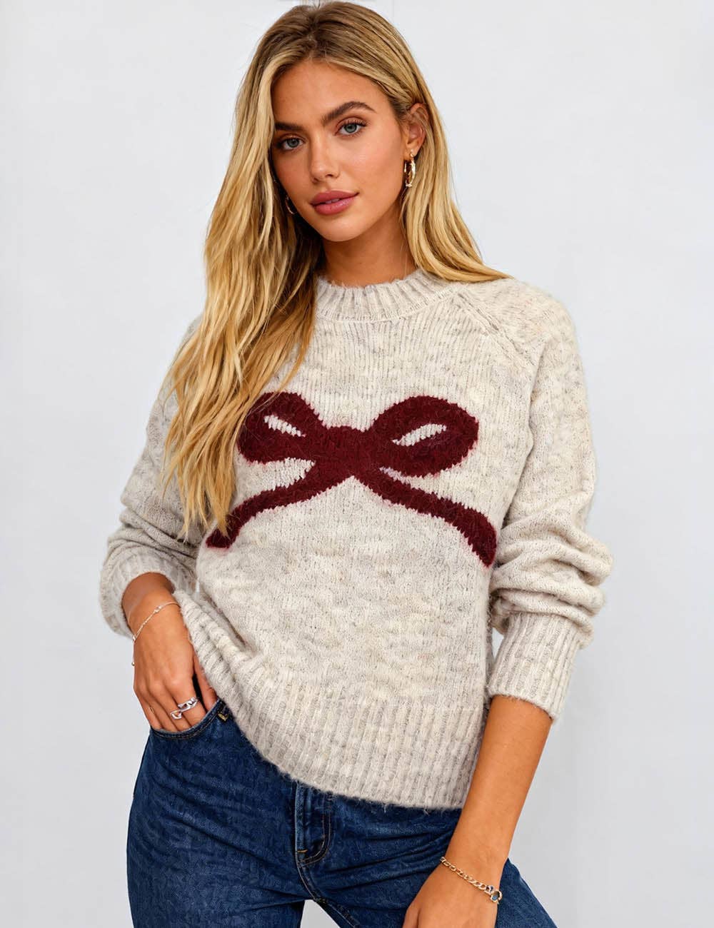 Ladies Ribbed Trim Knit Sweater