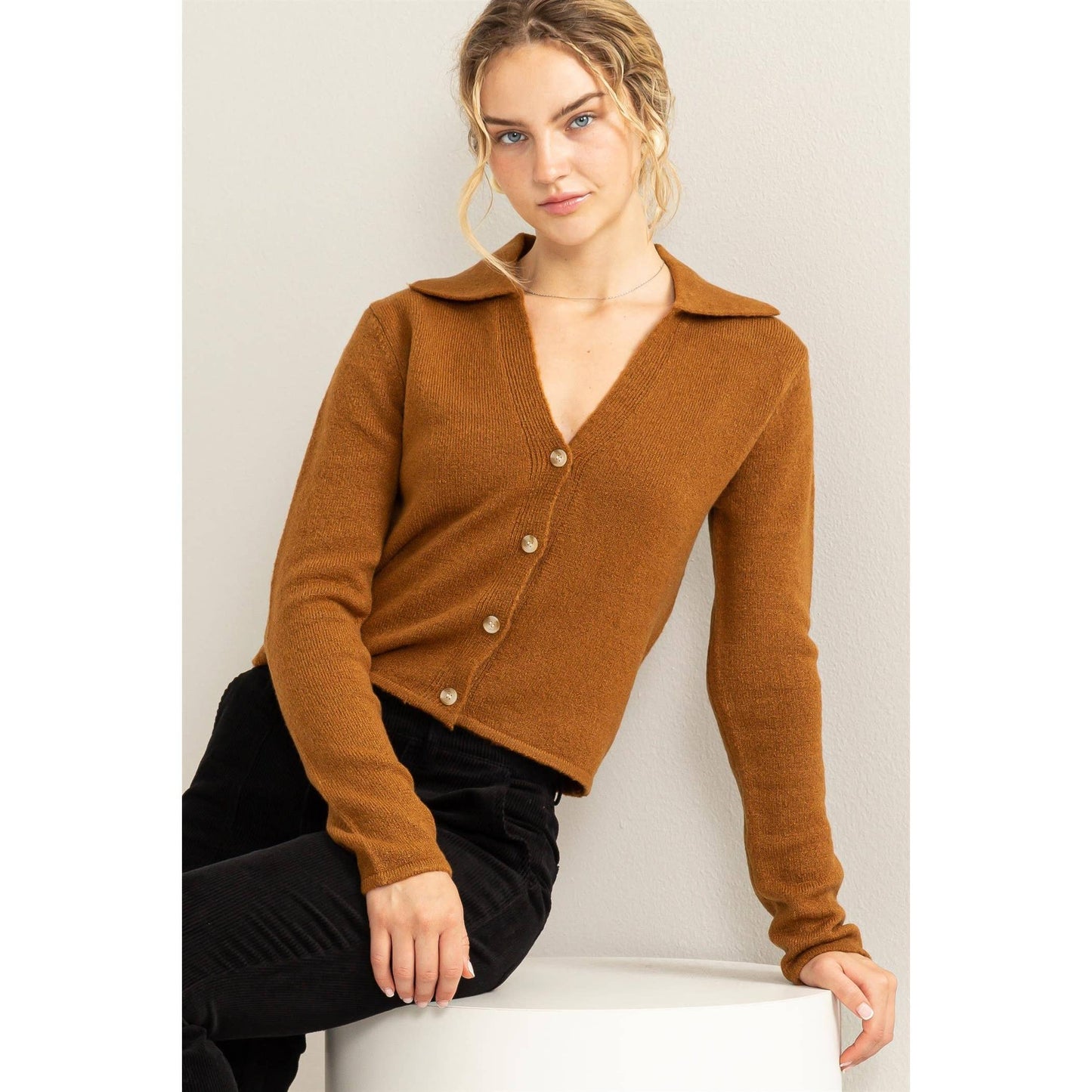Button Front Collared Cardigan Sweater