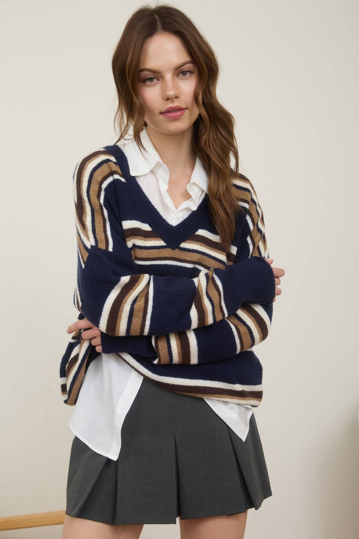 MULTICOLOR STRIPE V NECK LONG SLEEVE KNIT SWEATER