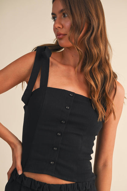 Stretchy Linen Button Down Tie Strap Top