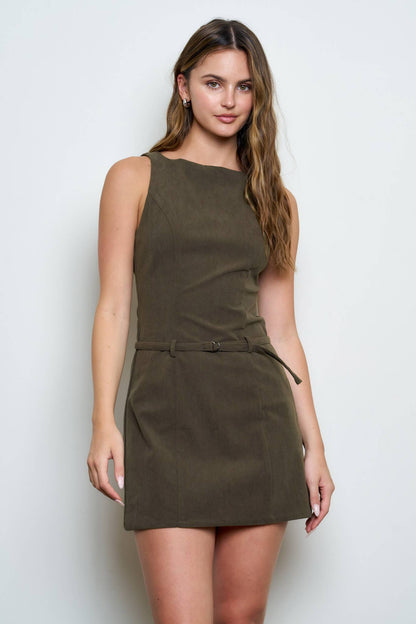 Suede Round Neck Sleeveless Belt Mini Dress