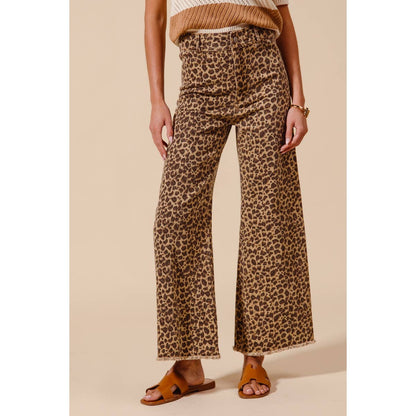 Mid Rise Leopard Twill Denim Wide Leg Pants