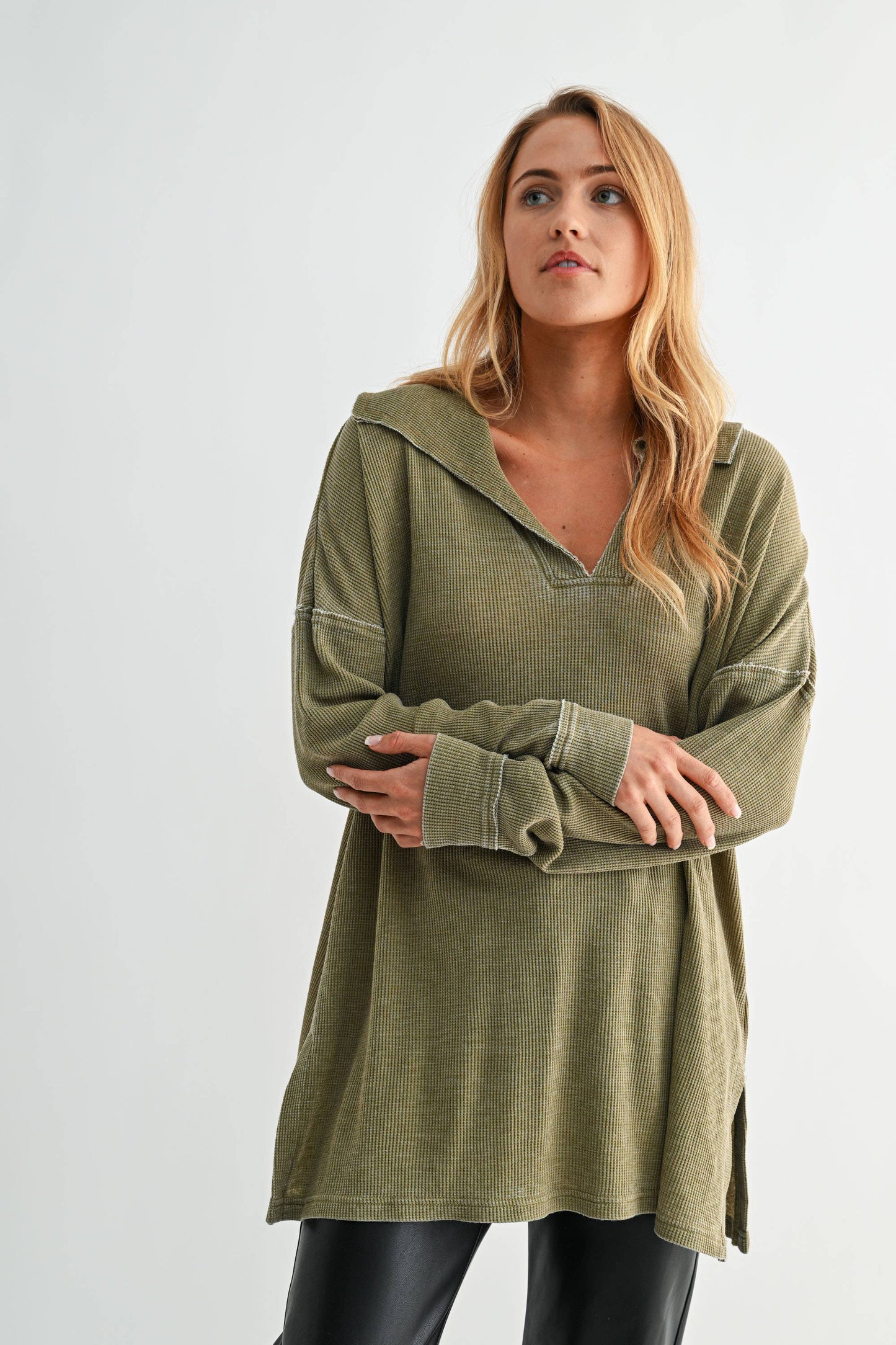 Cotton Blend Waffle Knit Oversized Collared Long Sleeve