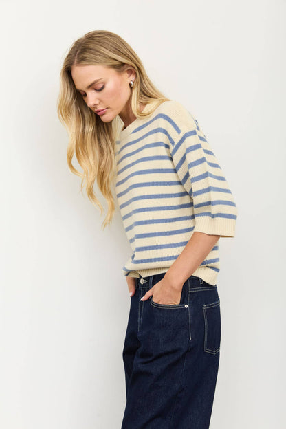 Stripe Crewneck Short Sleeve Sweater