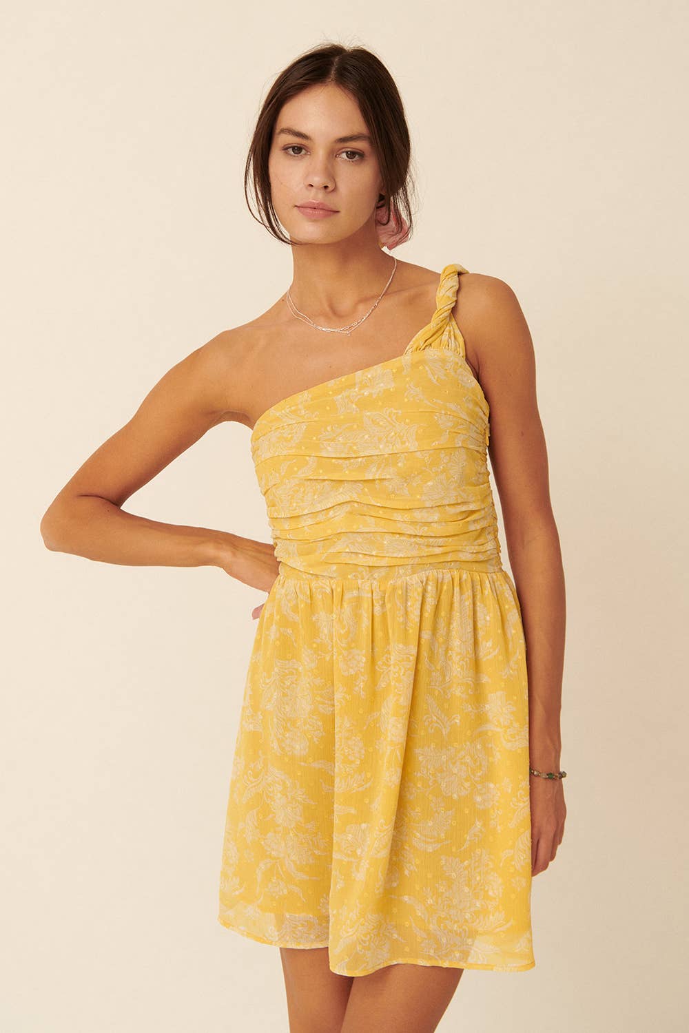 Floral Swiss Dot Chiffon One Shoulder Mini Dress