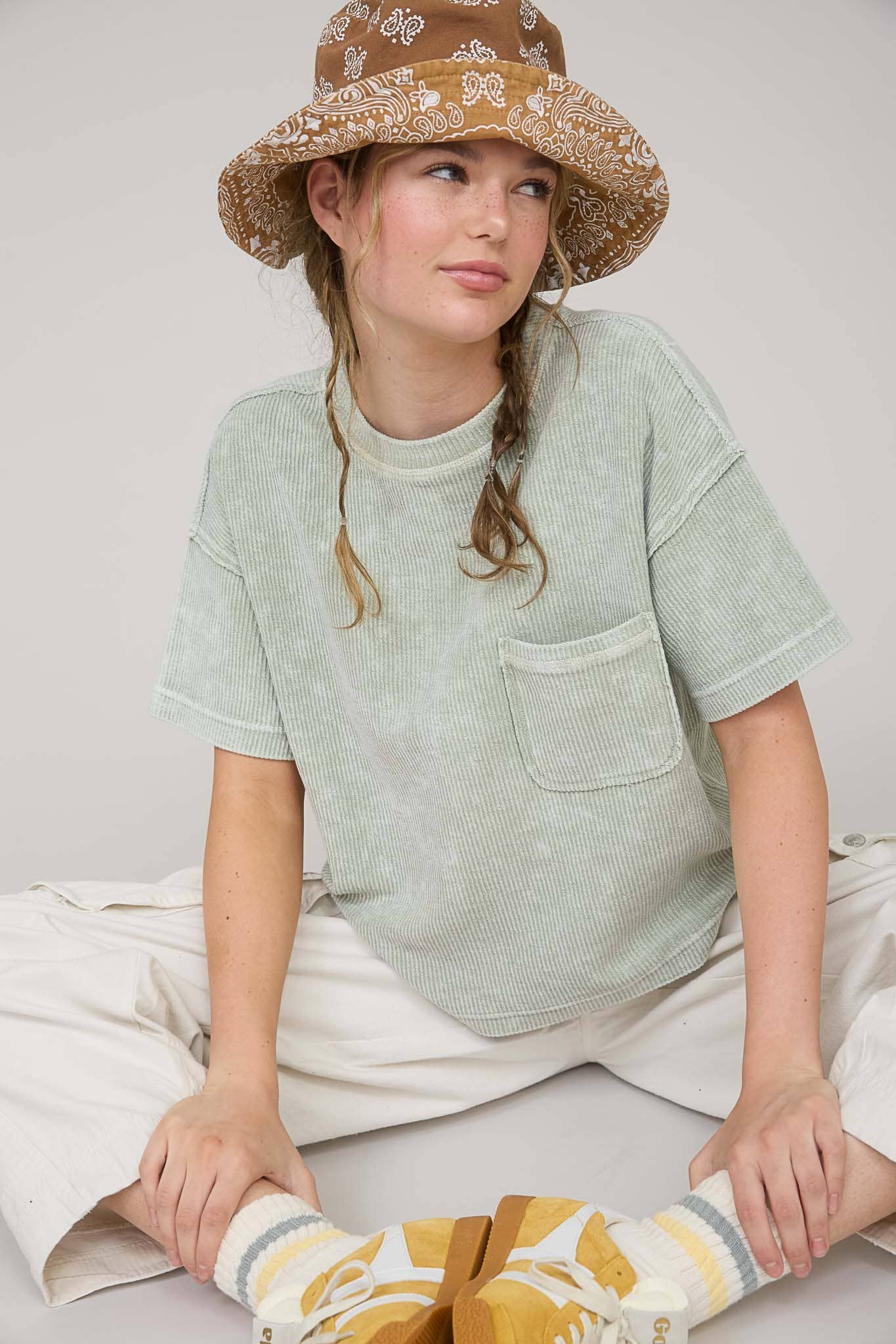 Washed Ribbed Short Sleeve Tee With Pocket
