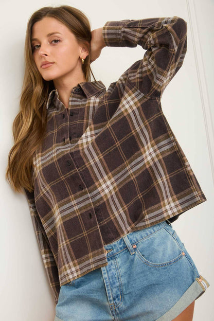 Plaid Button Laid Boxy Long Sleeve Shirt
