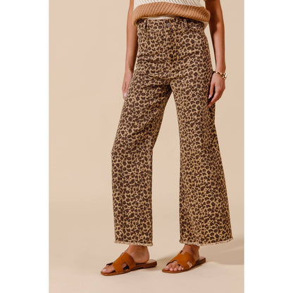 Mid Rise Leopard Twill Denim Wide Leg Pants