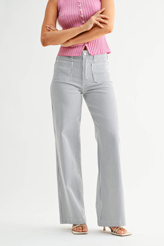 Striped Mini Patch Pocket Wide Leg Pant
