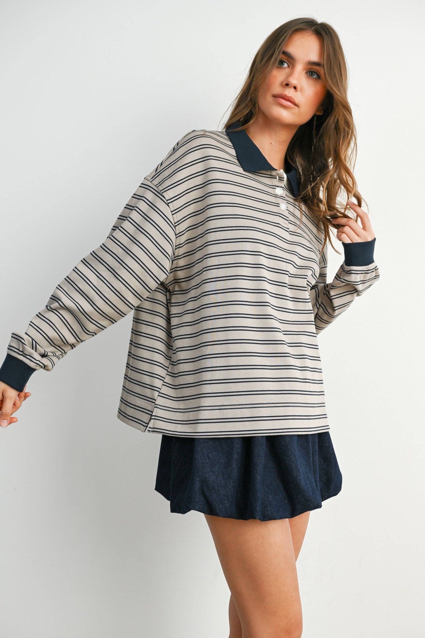 Quarter-Button Striped Collared Long Sleeve Top