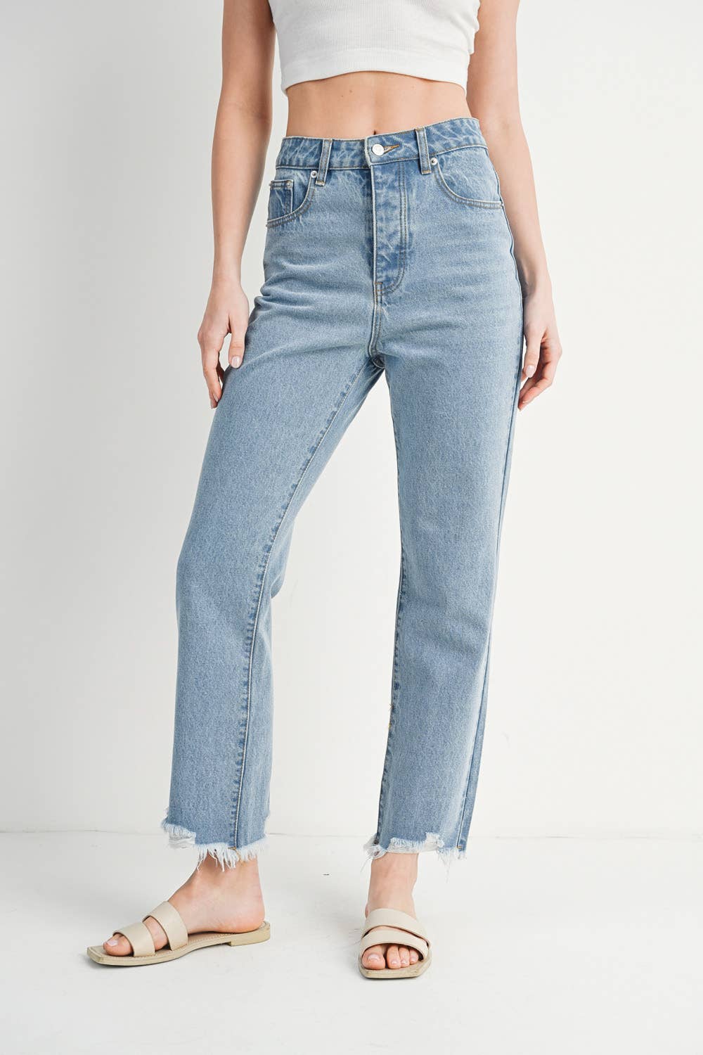 High Rise Straight: Leg Distressed Raw Hem
