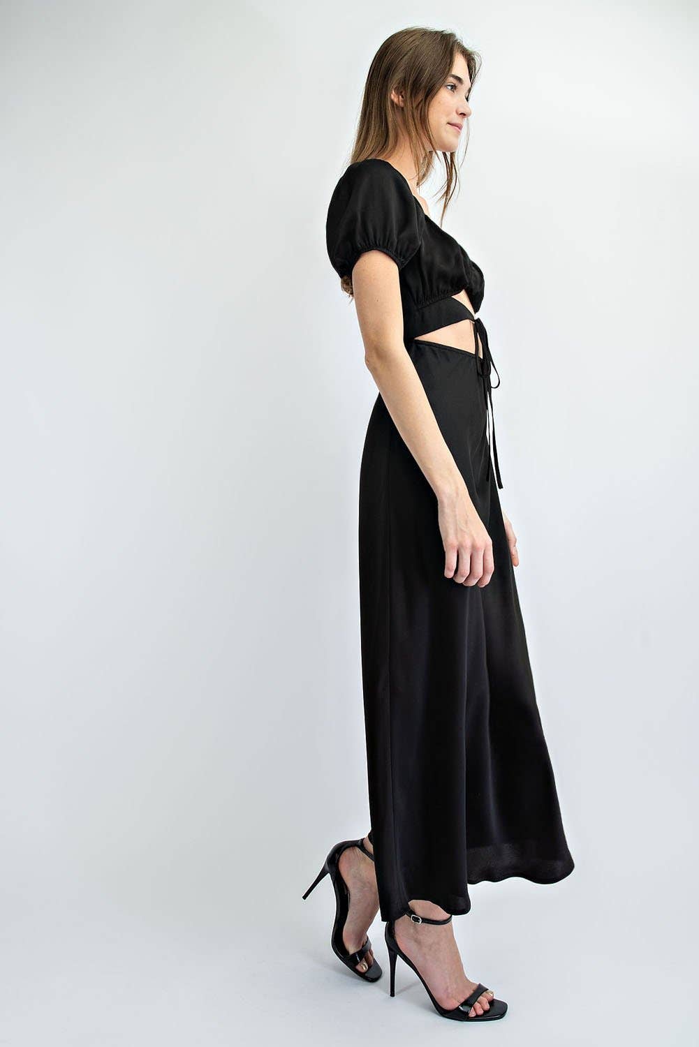 Bias Cut Long Satin Dress  Ruched Bodice Detail
