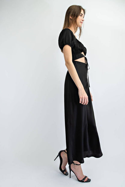 Bias Cut Long Satin Dress  Ruched Bodice Detail