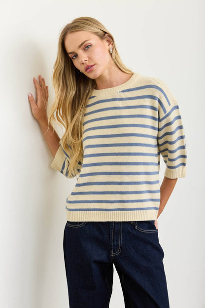 Stripe Crewneck Short Sleeve Sweater