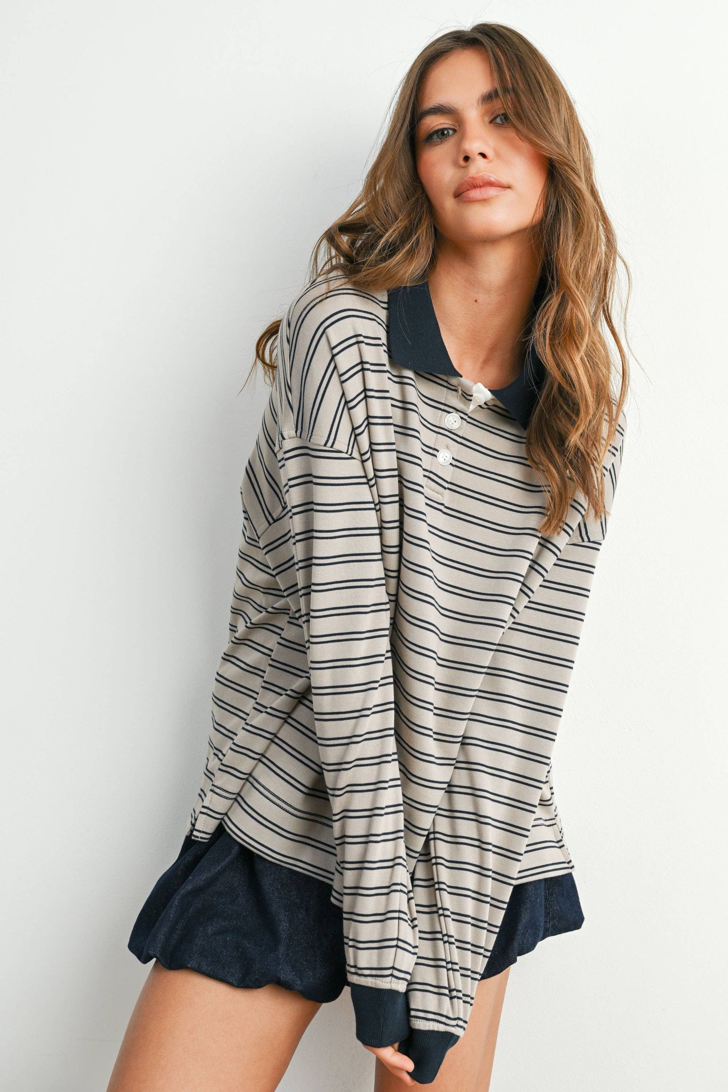 Quarter-Button Striped Collared Long Sleeve Top