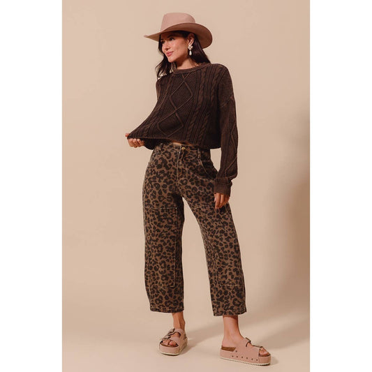 Leopard Print Twill Mid Rise Wide Pants
