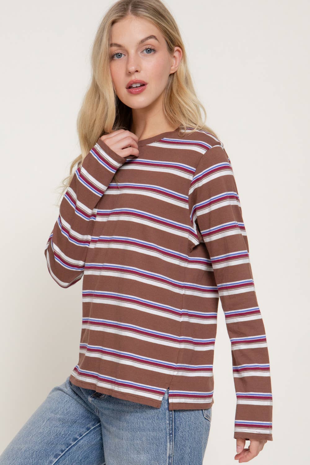 Long Sleeve Multi Striped Knit Jersey Top