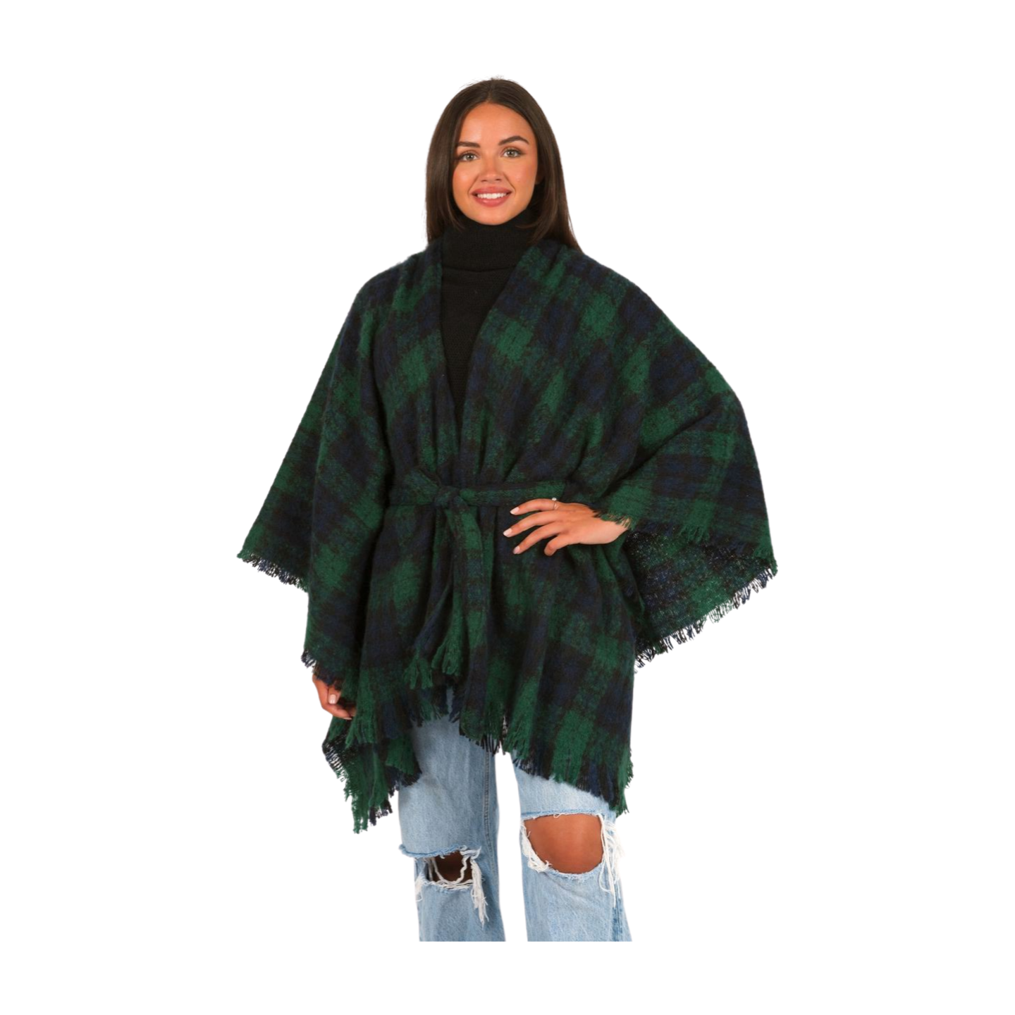 Plaid Buckle Belted Wrap: Green