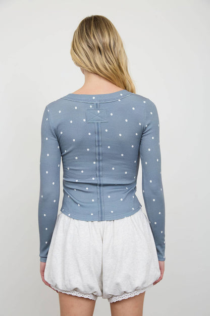 Polka Dot Long Sleeve Henley Knit Top