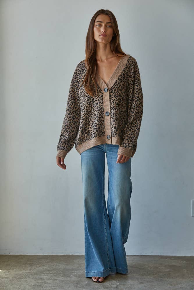 Knit Sweater V-Neck Animal Print Cardigan
