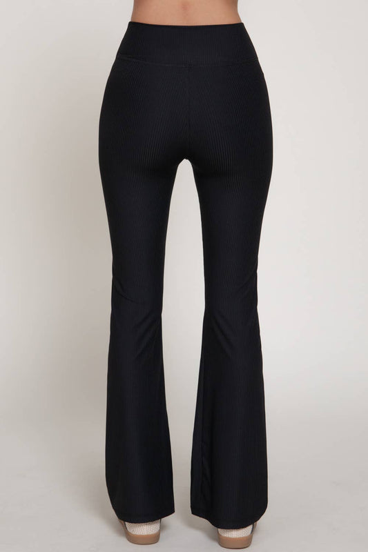 Semi-Flare Ribbed Workout Pants with Folded Waistband