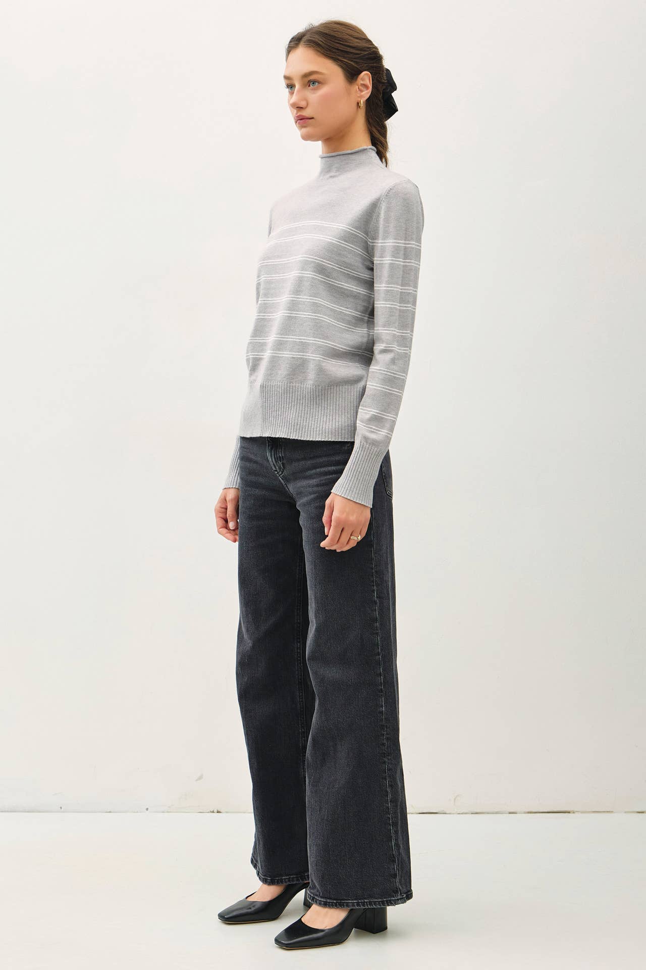 Thin Double Striped Mock Neck Sweater