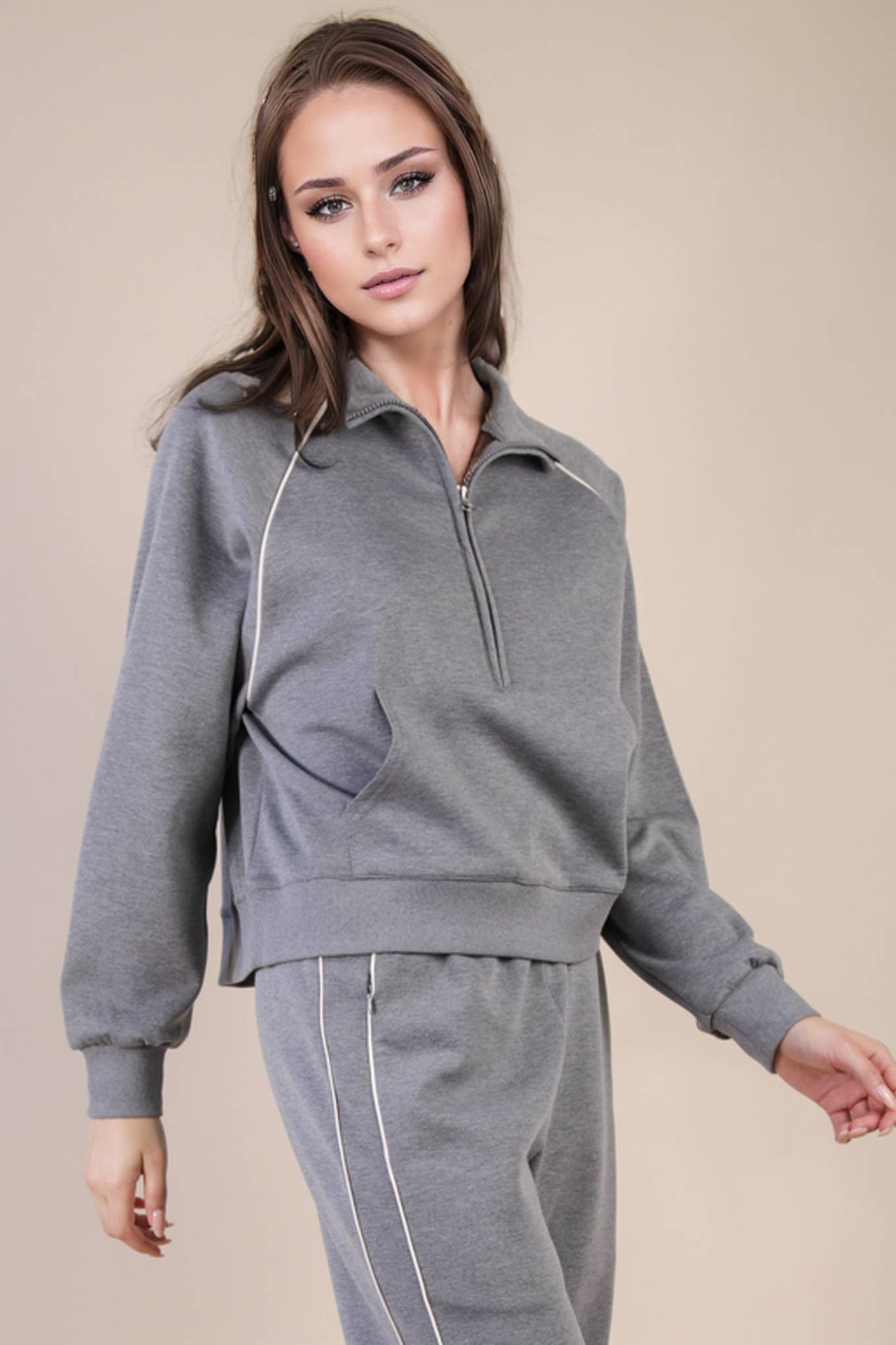 Half Zip Up Piping Detail Knit Casual Top
