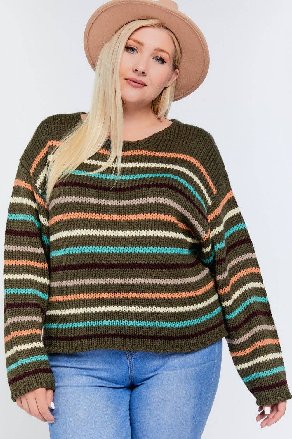 PLUS STRIPE ROUND NECK LONG SLEEVE KNIT SWEATER