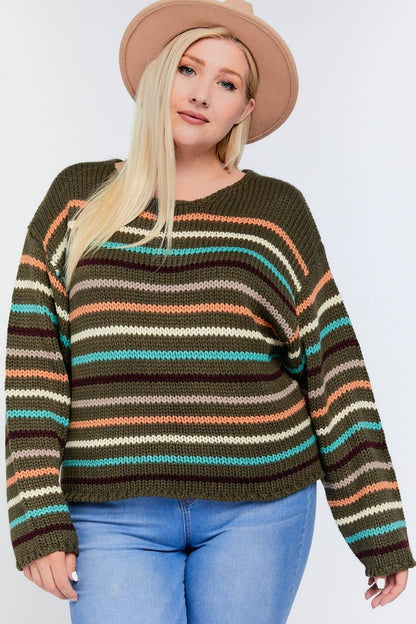Plus Stripe Round Neck Long Sleeve Knit Sweater