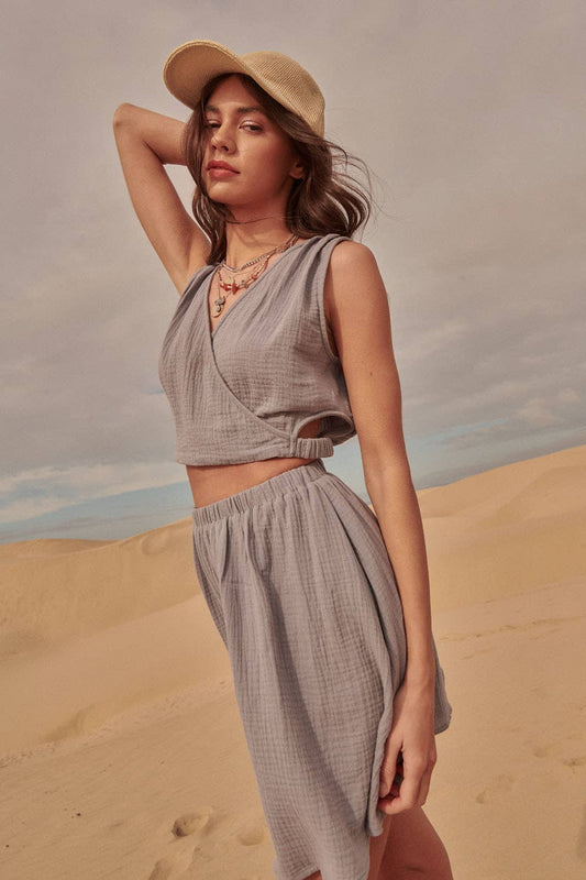 Solid Surplice Front Cutout Sleeveless Mini Dress