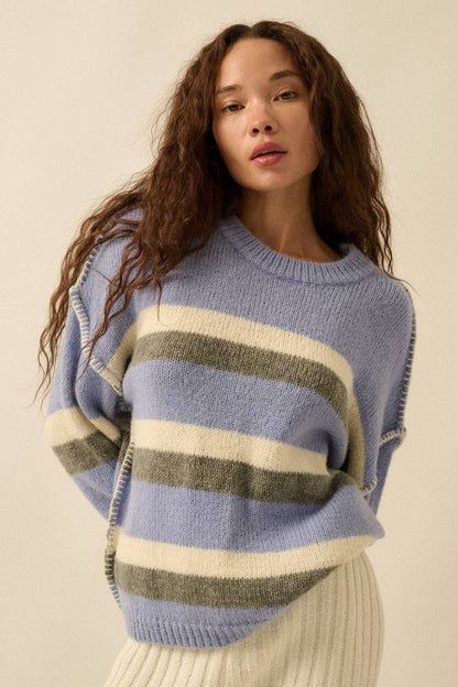 Striped Colorblock Expose-Seam Long Sleeve Sweater
