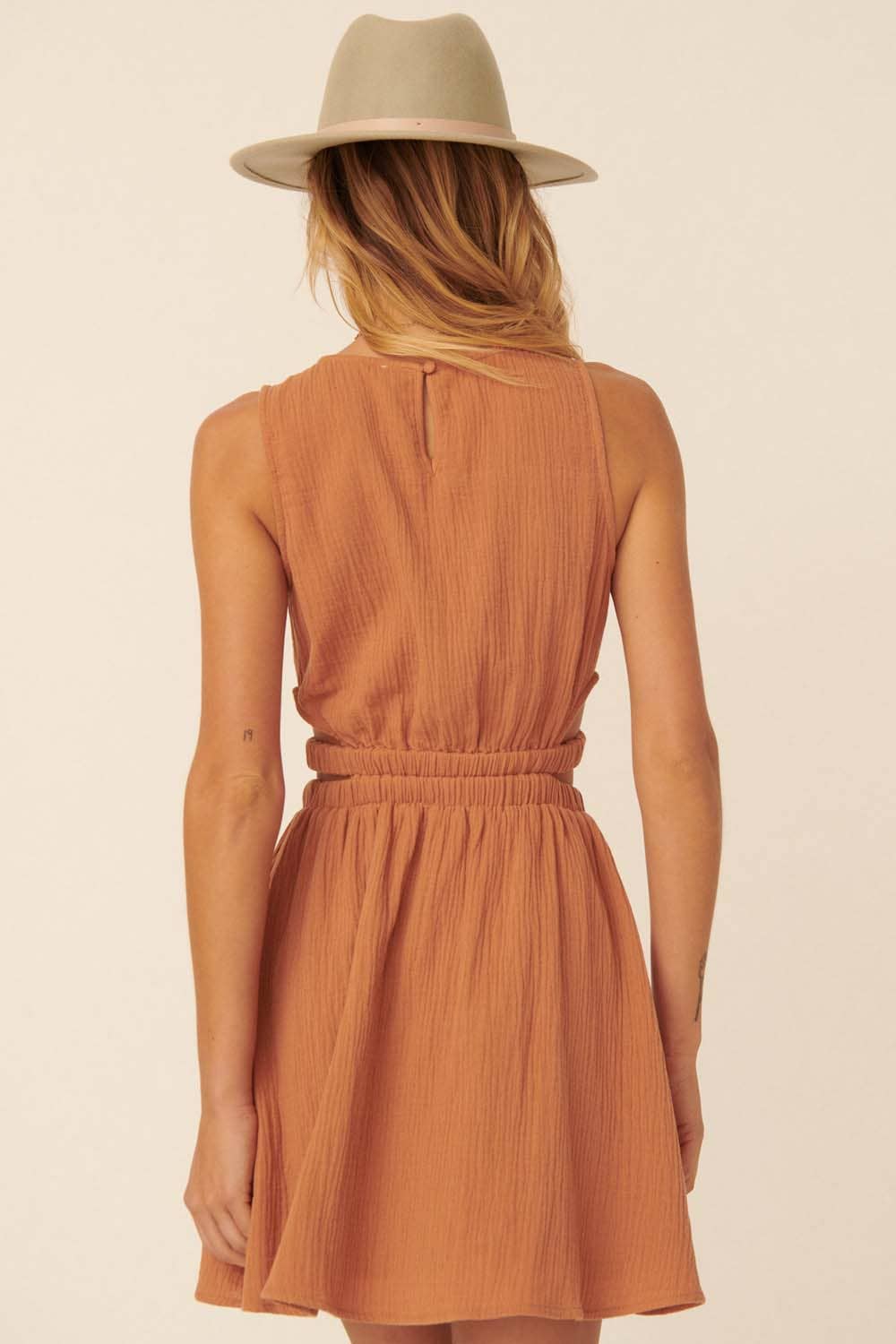 Solid Surplice Front Cutout Sleeveless Mini Dress