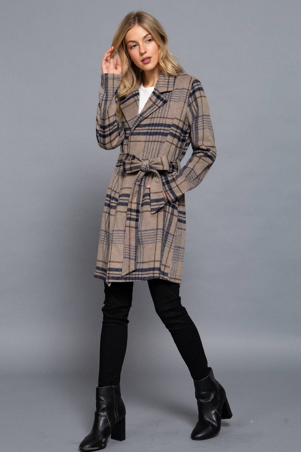 Long Sleeve Notched Collar with Waist Belt Plaid Jacket